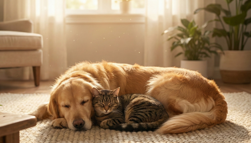 Calm dog and cat resting in peaceful home after Pet Elixir CBD oil take